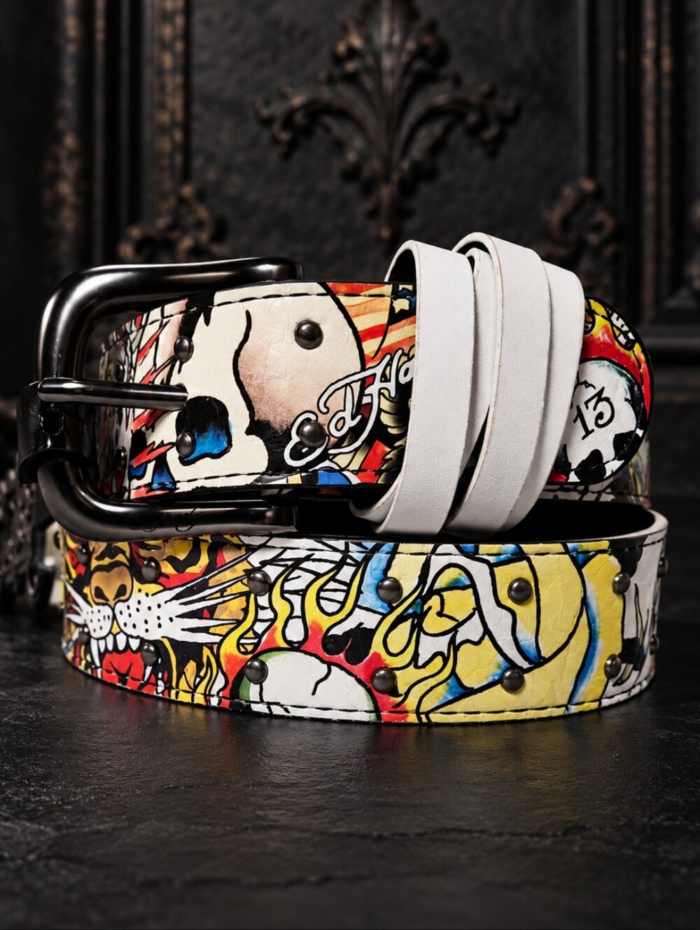 Ed Hardy Studded Belt Size 32 Graphic Panther Skull Tattoo Art Y2K Unisex